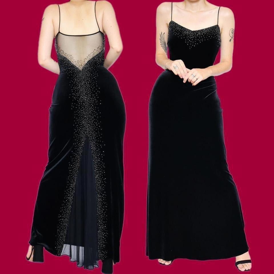 Black 90s Dave & Johnny velvet beaded stretch evening dress UK 8-10