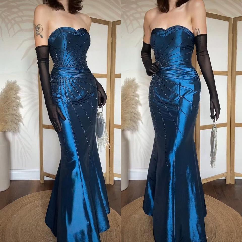 Dynasty blue beaded strapless prom dress uk 10-12