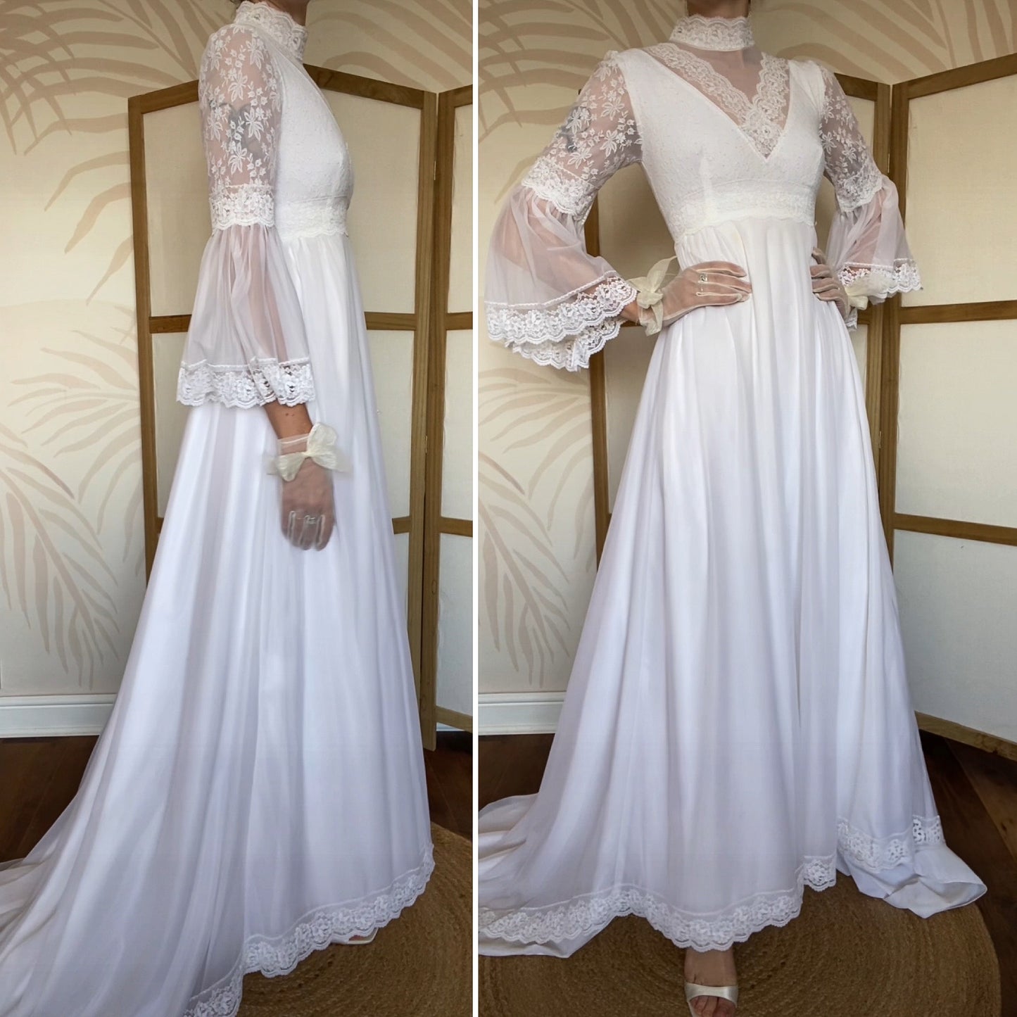60s white lace flared sleeve wedding dress uk 8