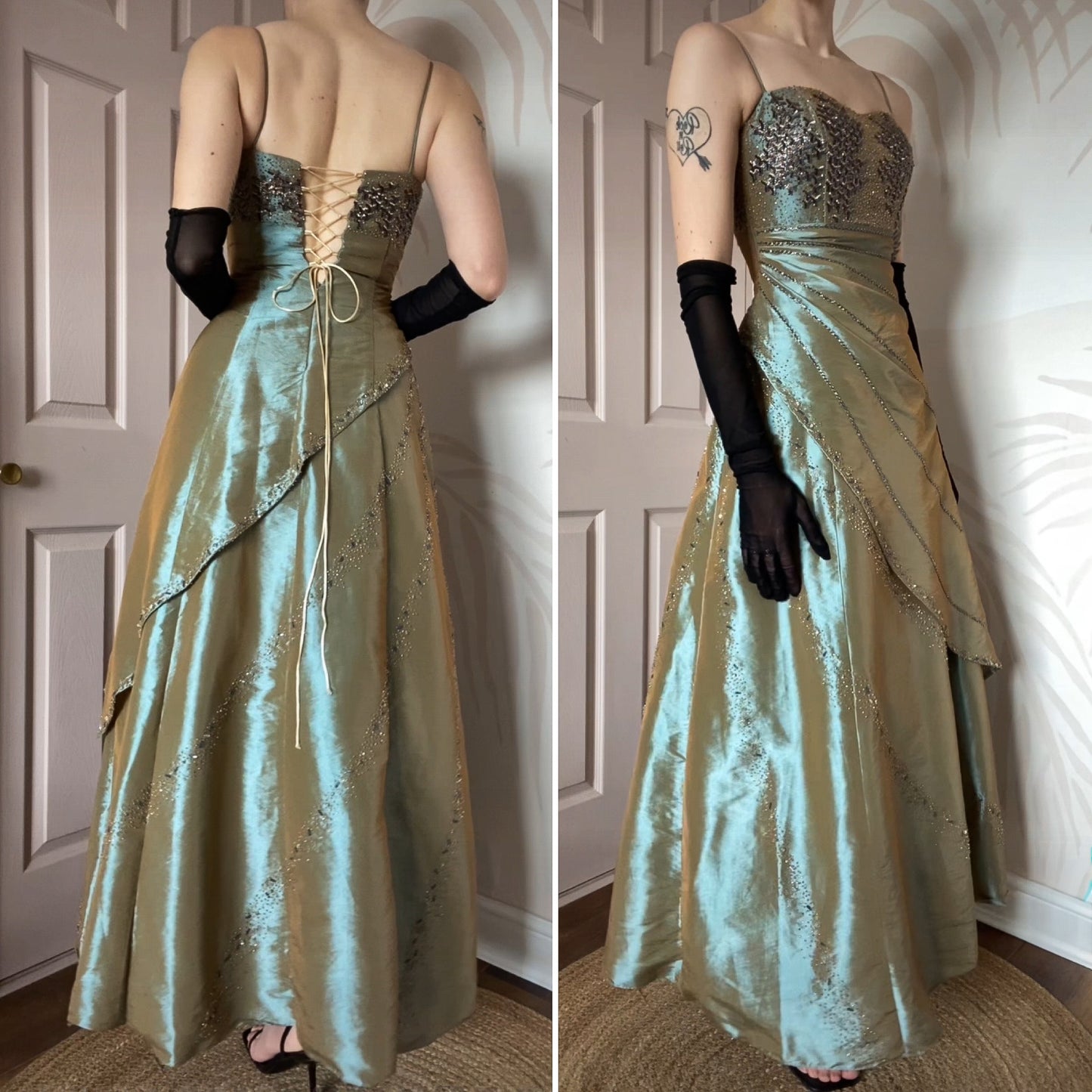 Tiffany Bling green beaded a-line prom dress & shawl UK 8