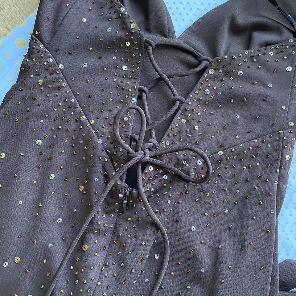 Brown Nightway halter-neck beaded dress UK 10