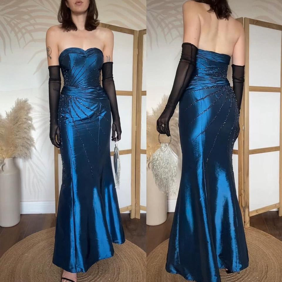 Dynasty blue beaded strapless prom dress uk 10-12