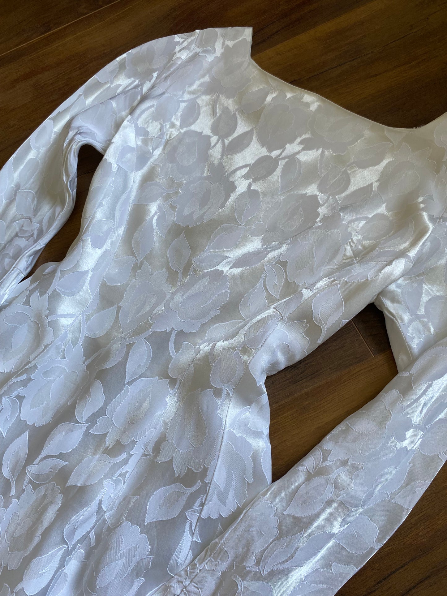 70s white damask floral long sleeve wedding dress uk 8-10