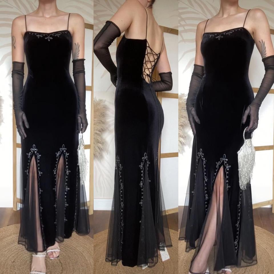 Black velvet stretch 90s flared hem evening dress uk 10/12