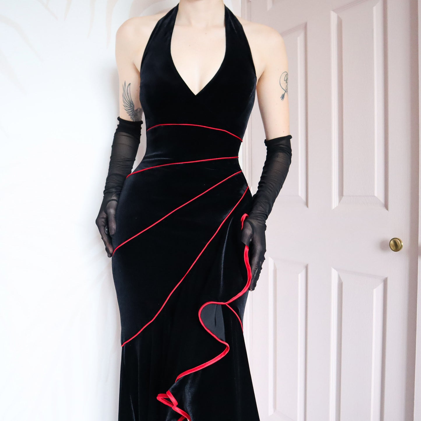 Vintage Niki Livas black velvet halter neck gown UK 12 & 14