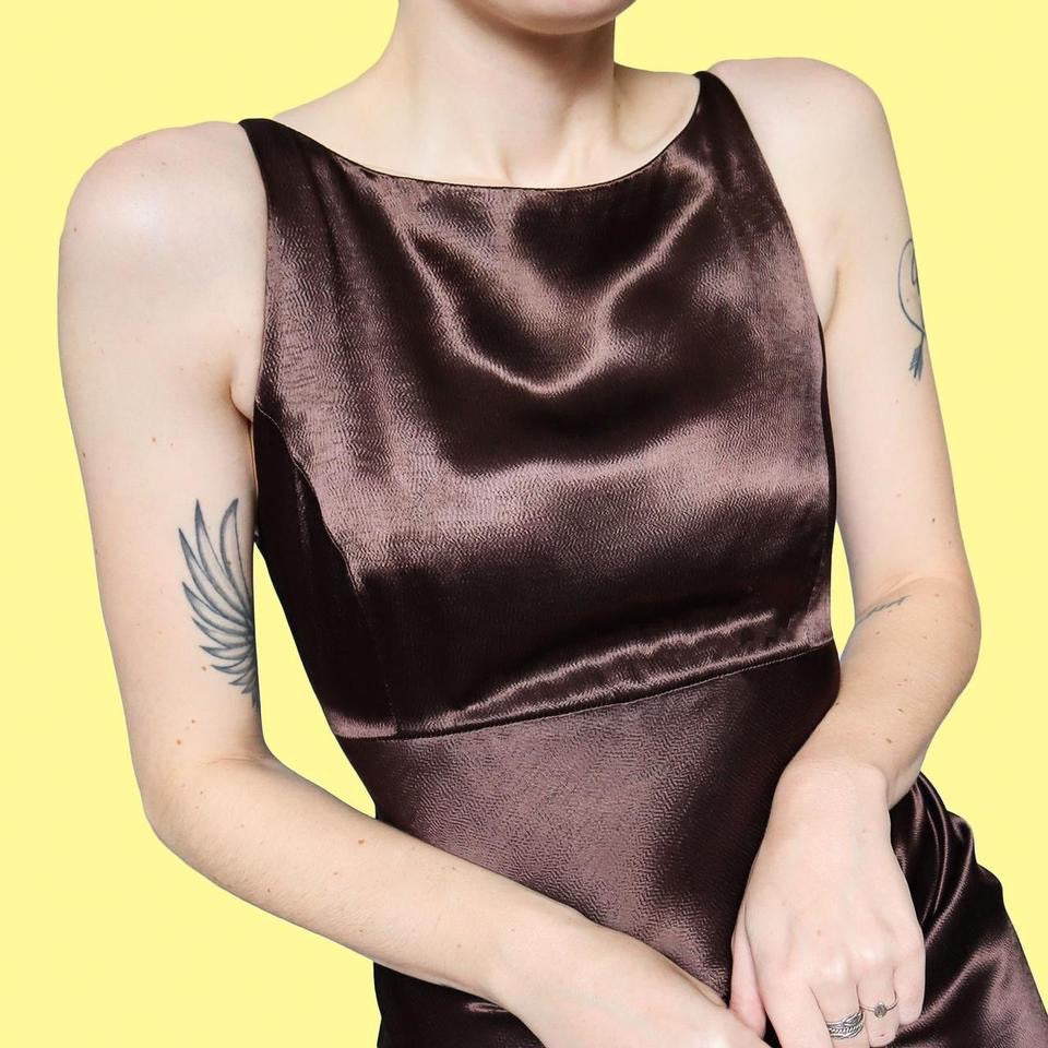 Silky brown low back evening dress UK 14