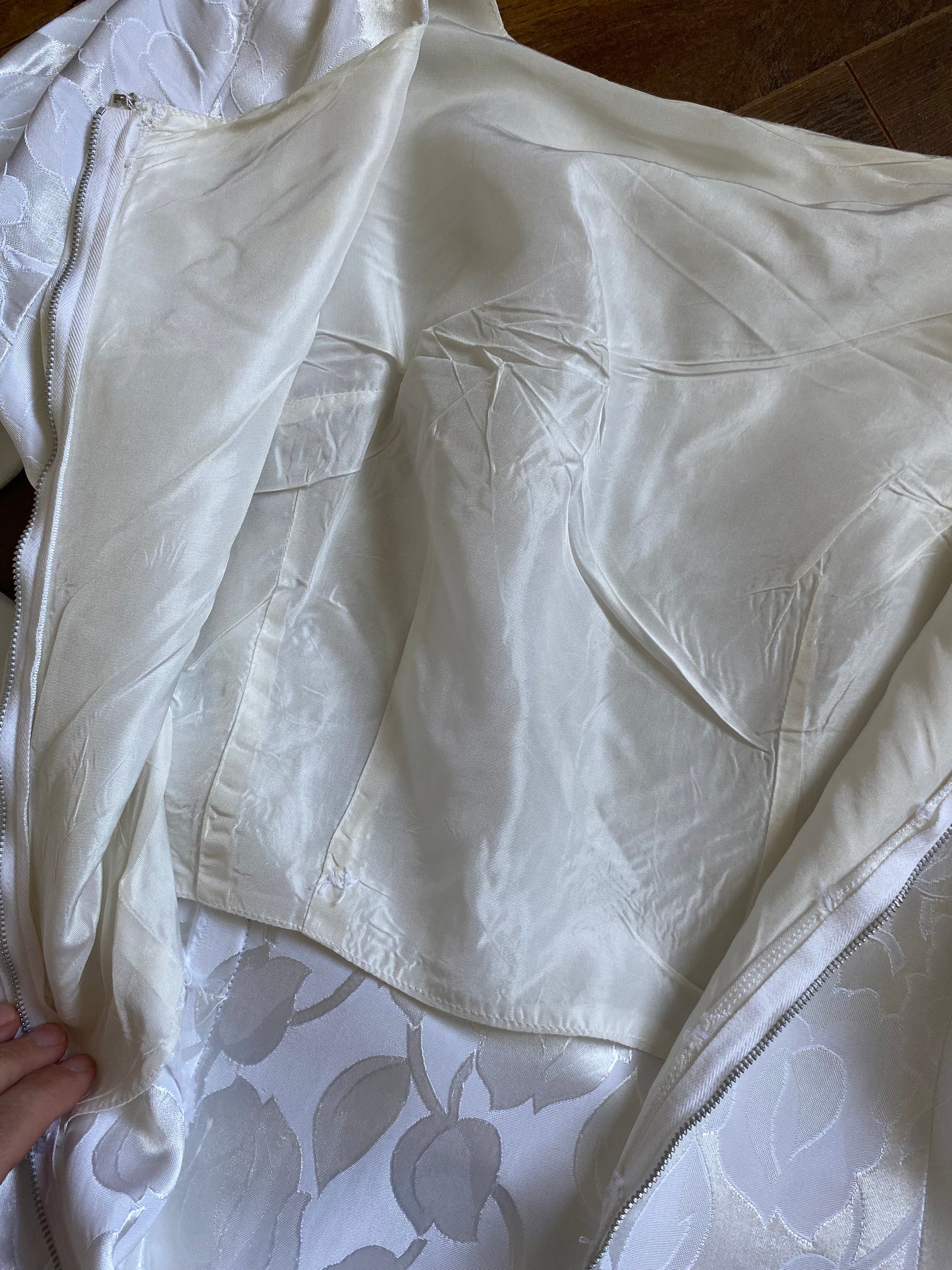 70s white damask floral long sleeve wedding dress uk 8-10