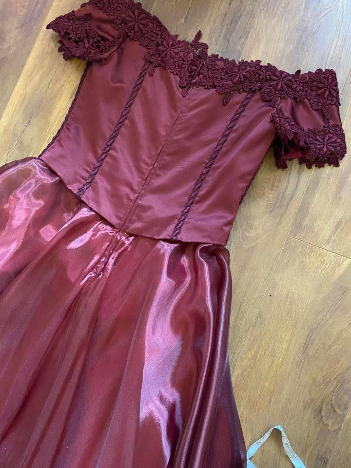 Burgundy off shoulder a-line prom dress uk 14