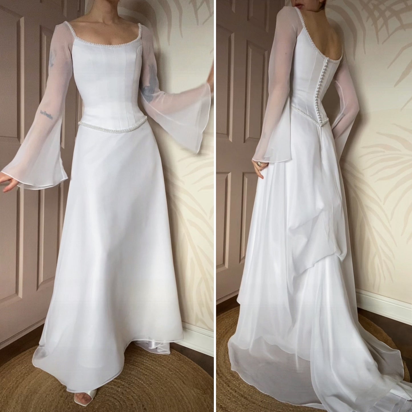 Vintage white long sleeve wedding gown UK 8