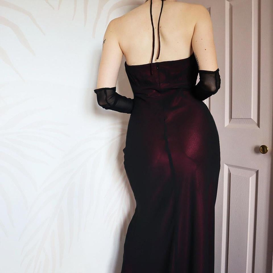 Vintage 90s Bhs dark overlay halter neck gown UK 16