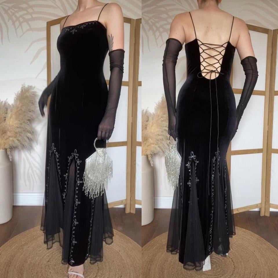 Black velvet stretch 90s flared hem evening dress uk 10/12