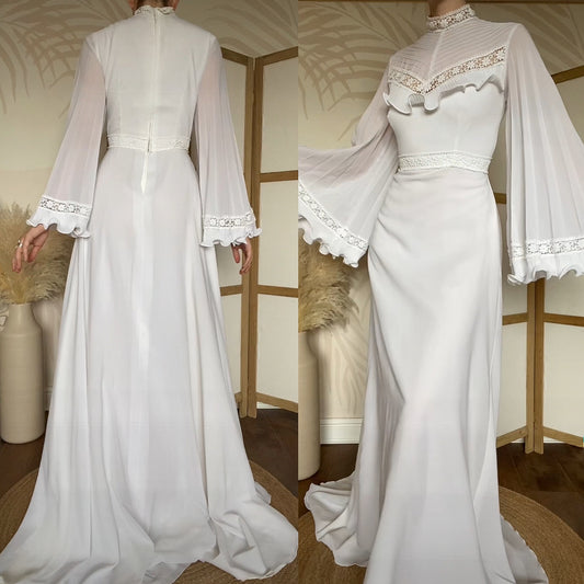 70s long flared sleeve wedding dress uk 12