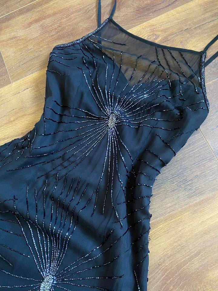 After Six black 100% silk beaded evening dress uk 8