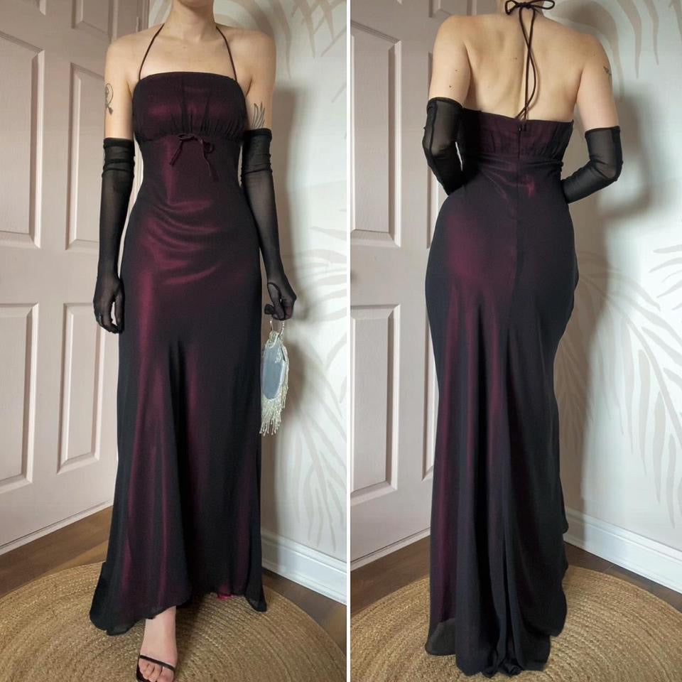 Pink & black halterneck evening dress UK 12