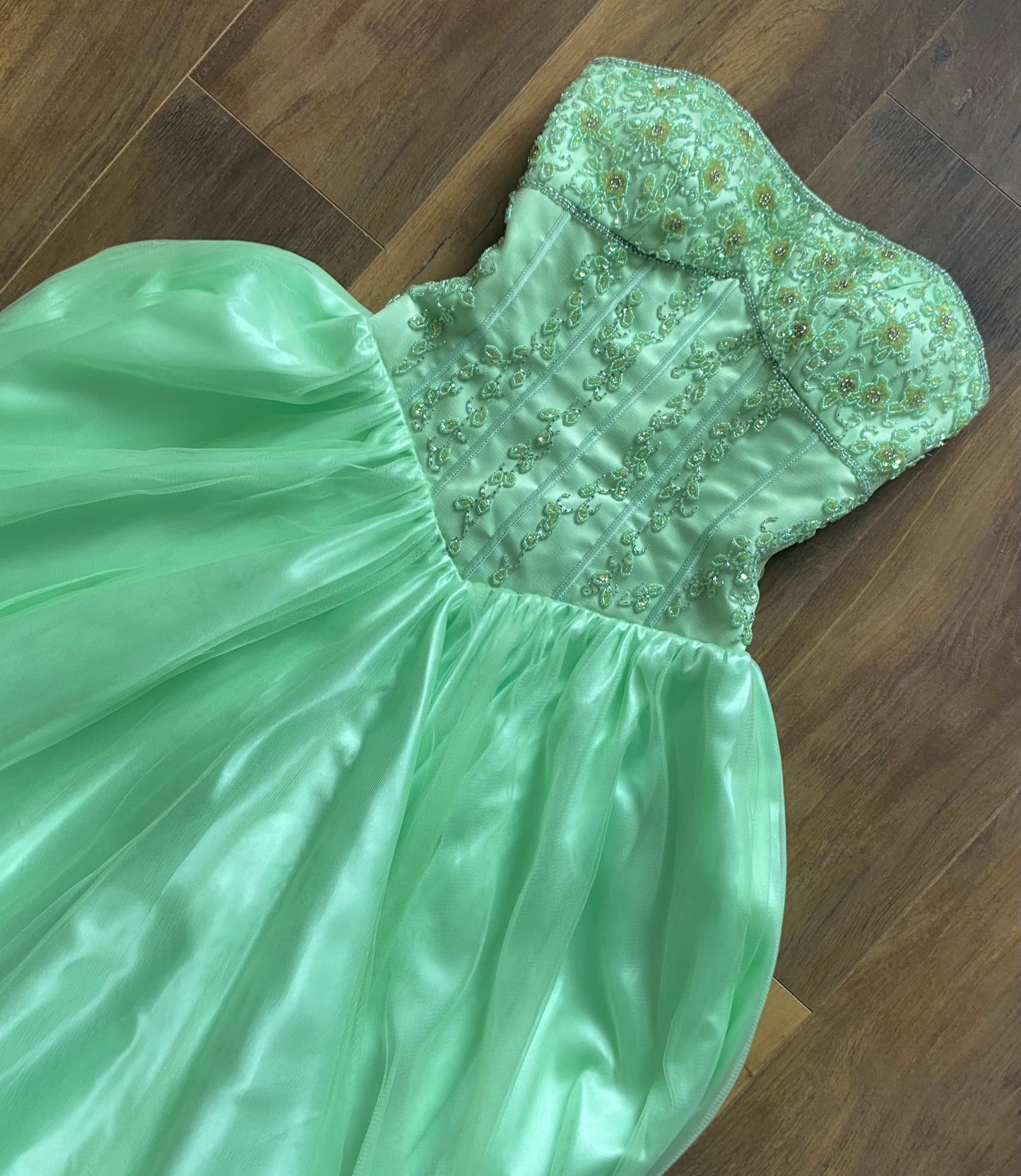 Bright green Tiffany Bling strapless a-line beaded prom dress UK 8