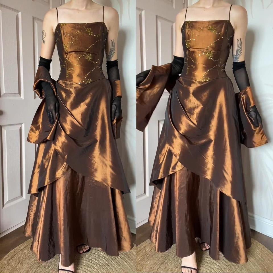 YVE London silky brown layered evening gown UK 12