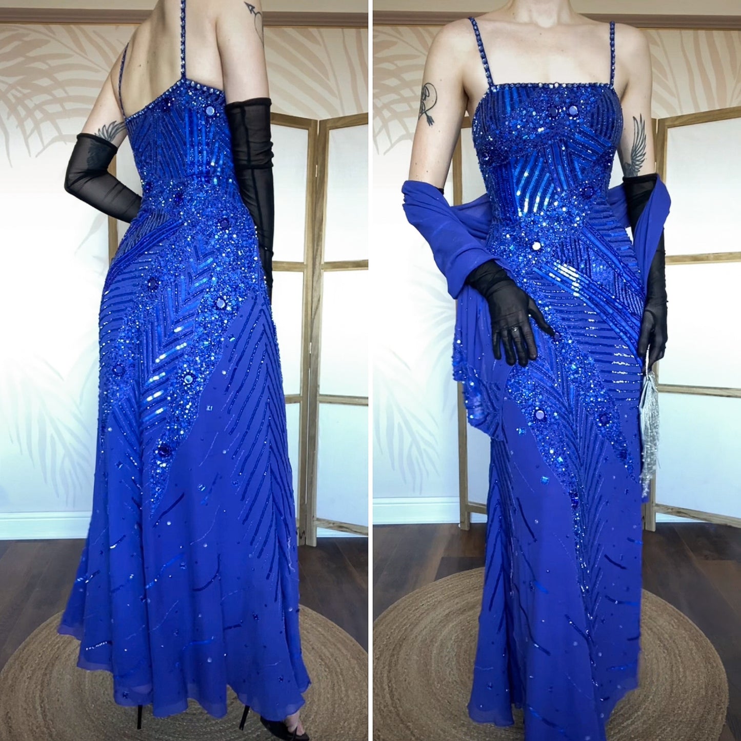 Frank Usher 100% silk beaded blue evening dress & shawl UK 12