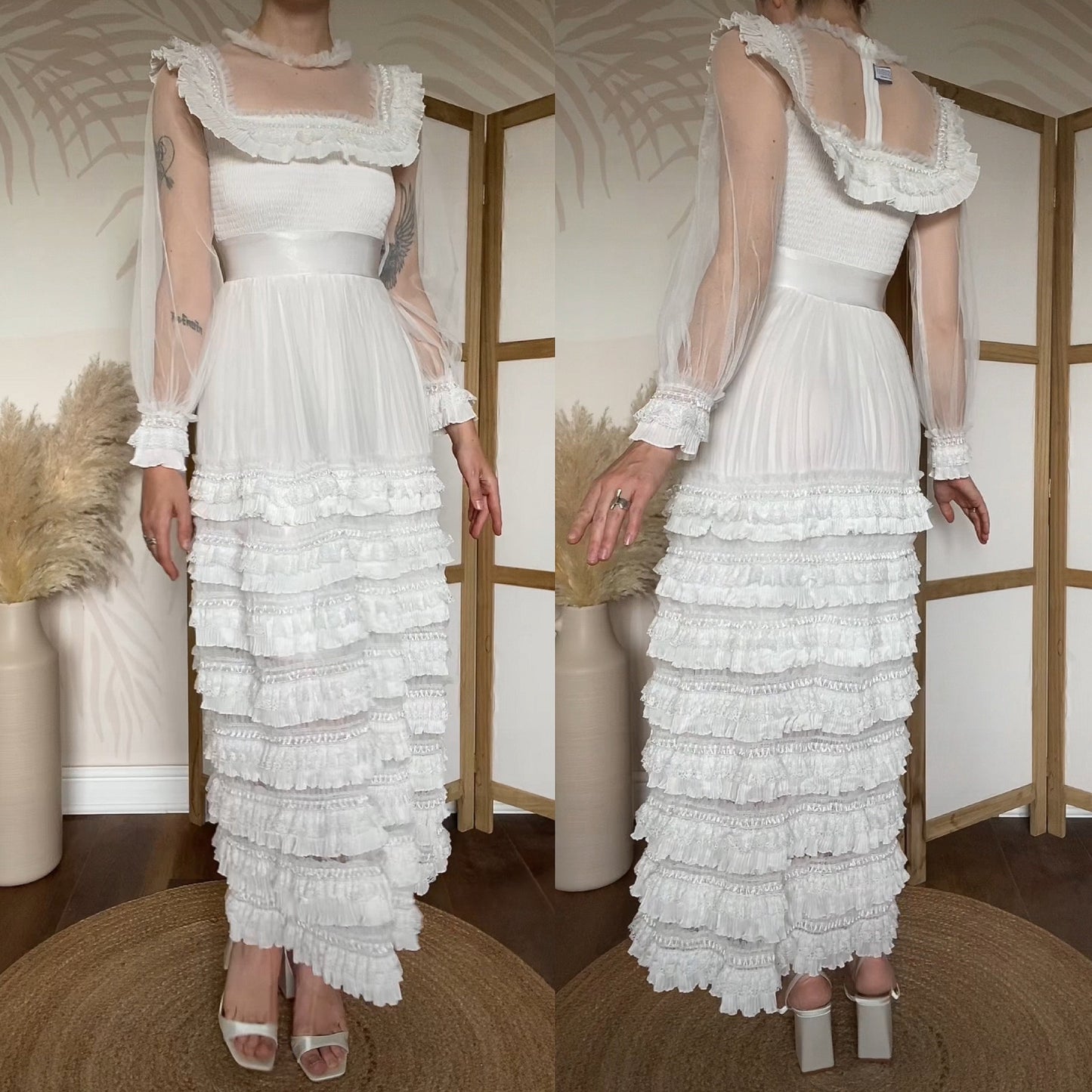 White frilly long sleeve lace wedding dress uk S/8-10