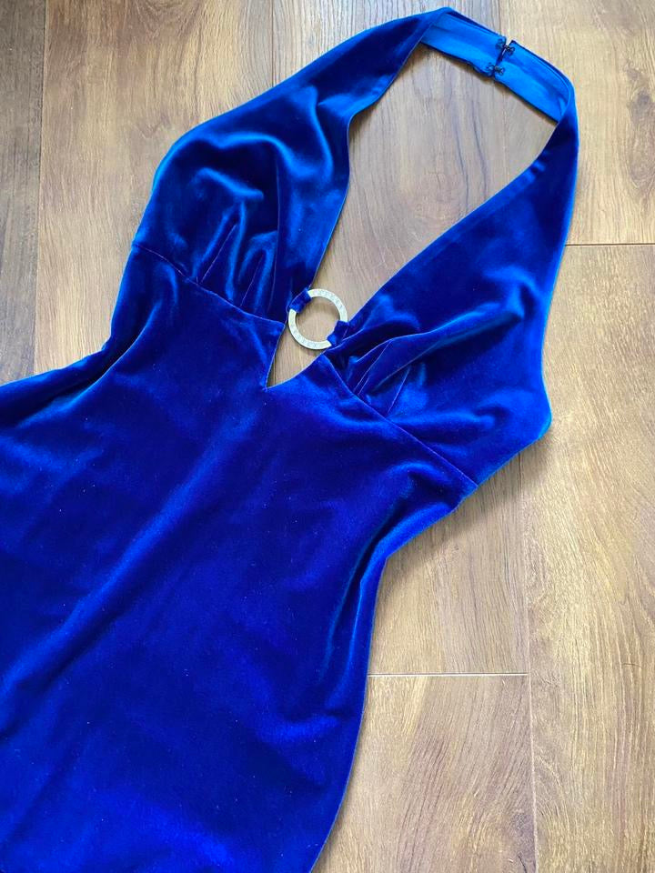 Zum Zum blue velvet halter-neck evening dress uk 12