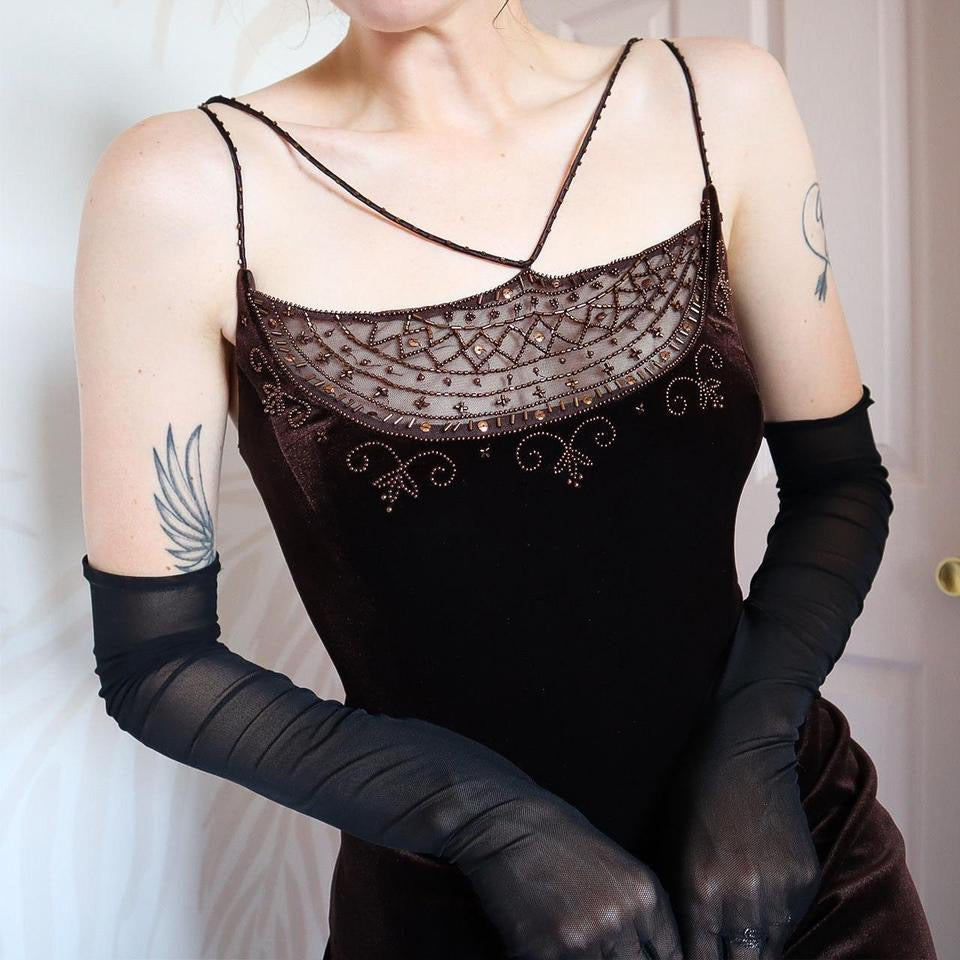 Vintage 90s Dave & Johnny Brown Velvet Beaded Evening Gown UK Size 16