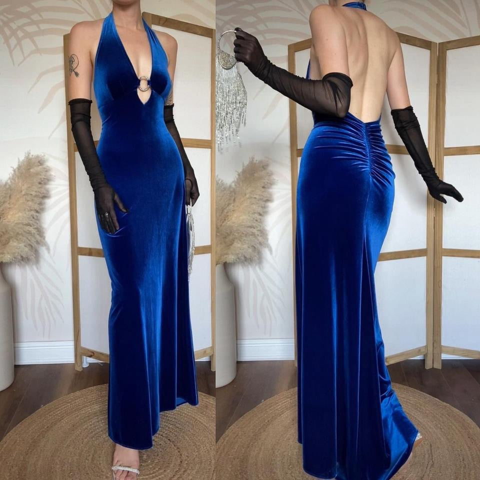Zum Zum blue velvet halter-neck evening dress uk 12