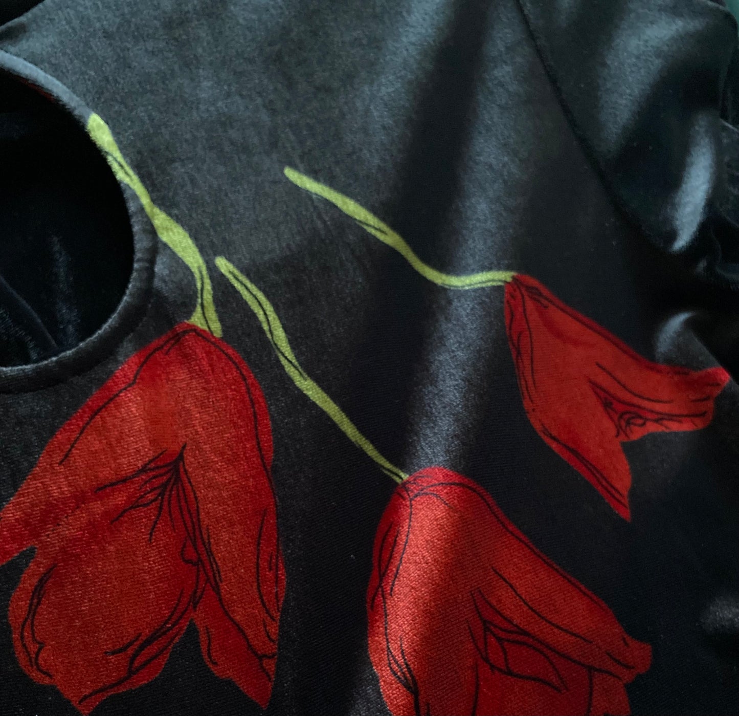 Black velvet floral evening gown UK 14