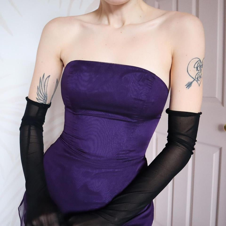 Vintage Niki Livas purple strapless layered gown UK 12