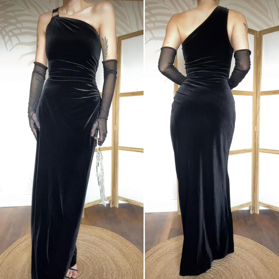 Laundry 90s black one shoulder velvet evening dress UK 14
