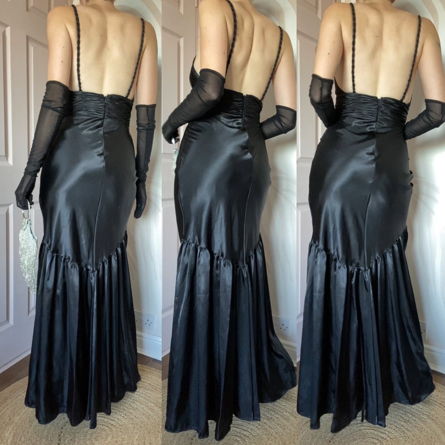 Dave & Johnny 90s Black Satin Evening Gown Prom Dress UK Size 8, 10 & 14
