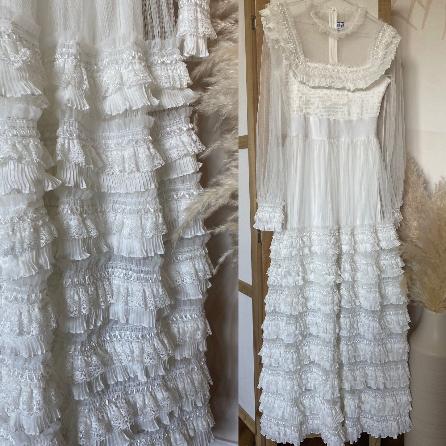 White frilly long sleeve lace wedding dress uk S/8-10