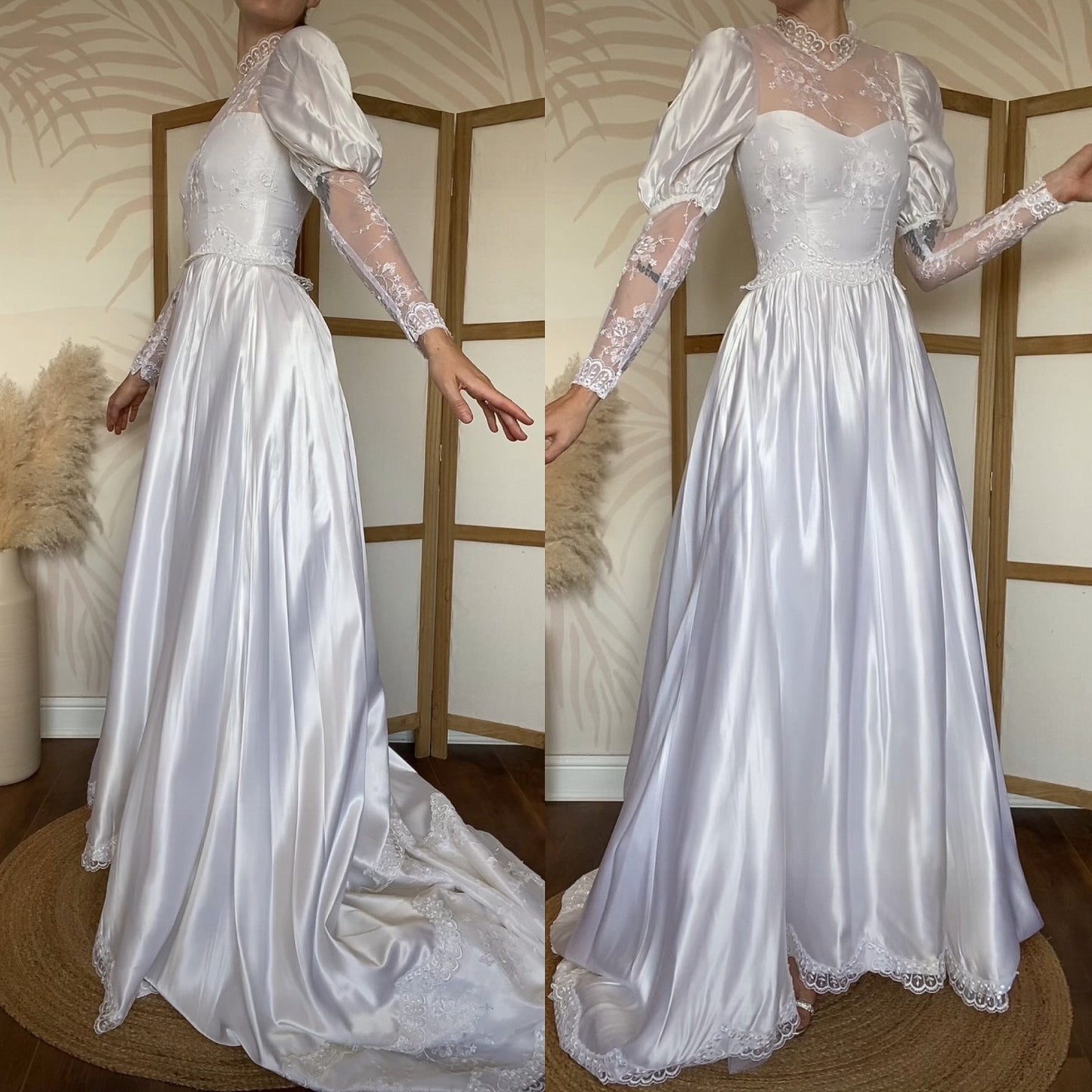 White satin & lace 80s wedding dress UK 6/XS