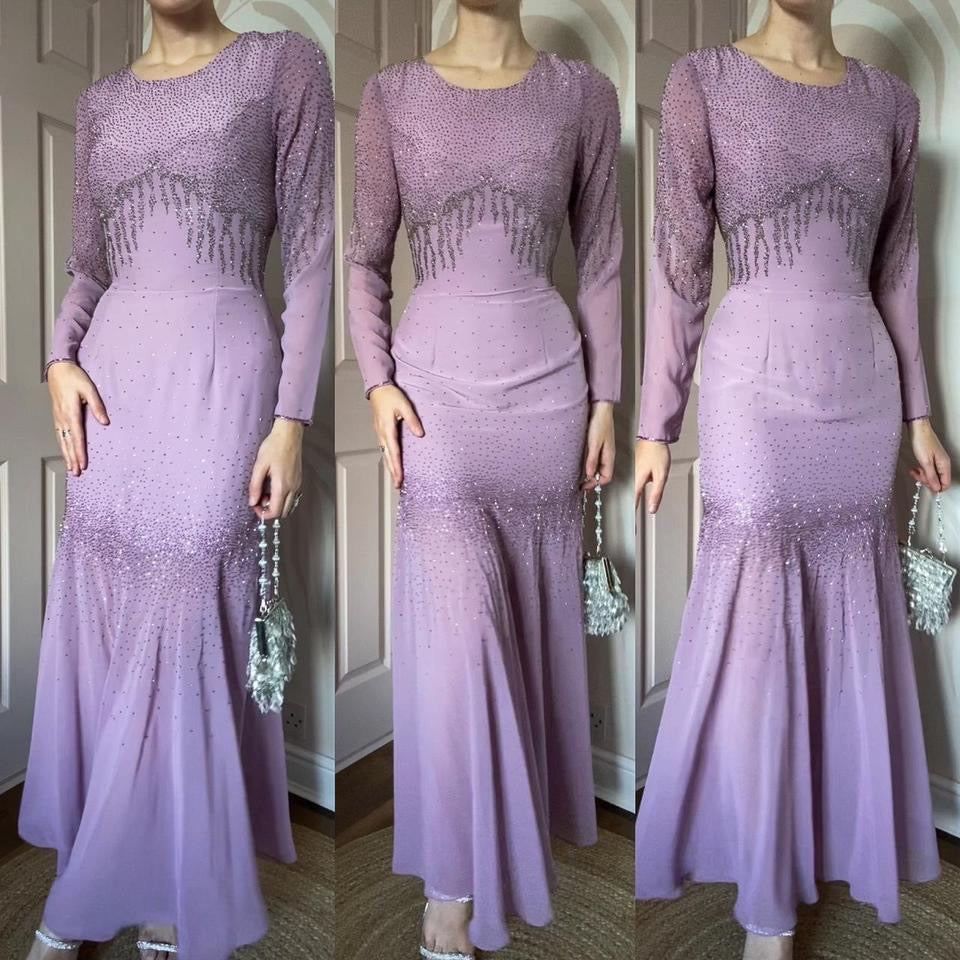 Lilac vintage beaded long sleeve fishtail evening dress UK 10