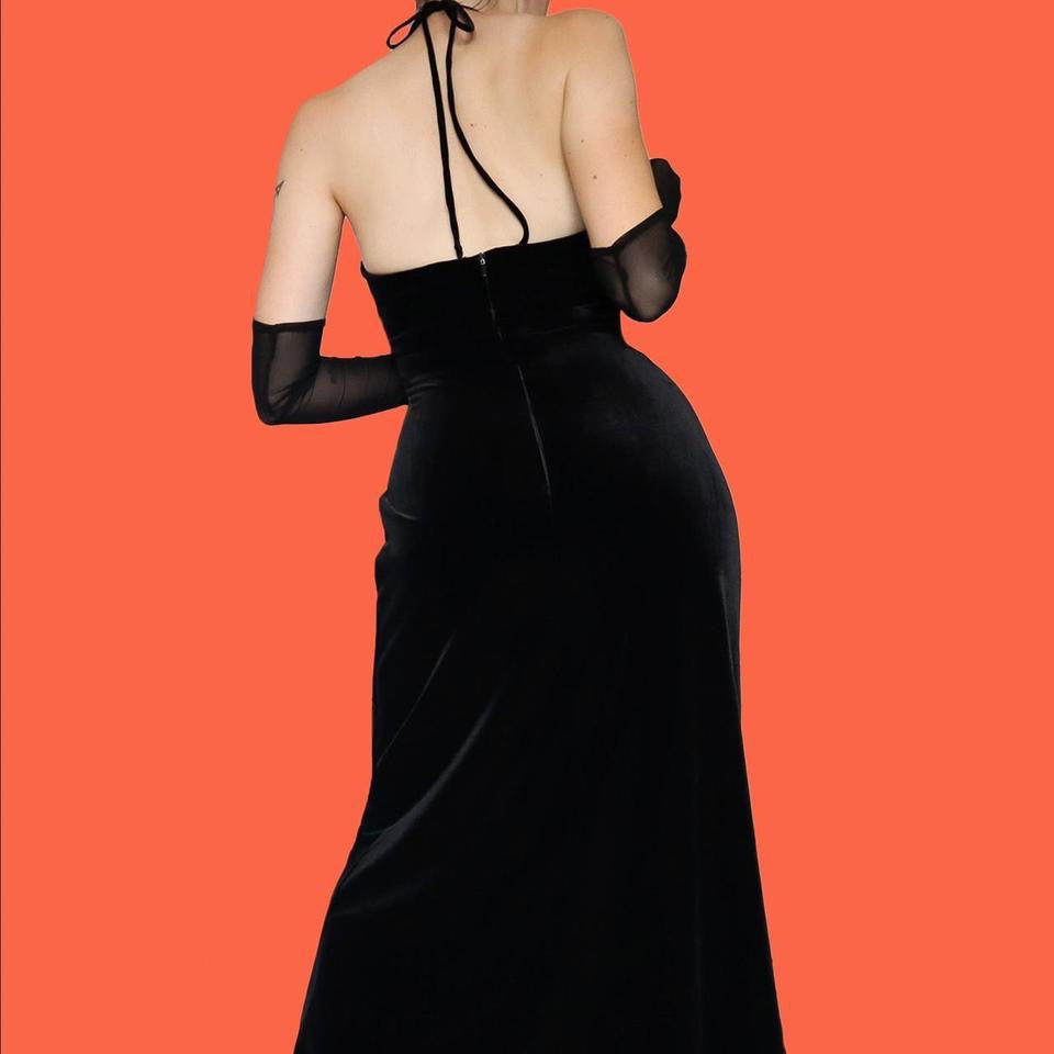 Black velvet halter neck evening dress UK 10