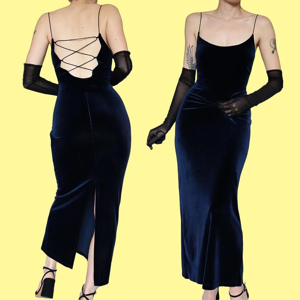 Navy Debenhams velvet lace up back bodycon dress UK 12-14 & UK 16 – Scum  Vintage
