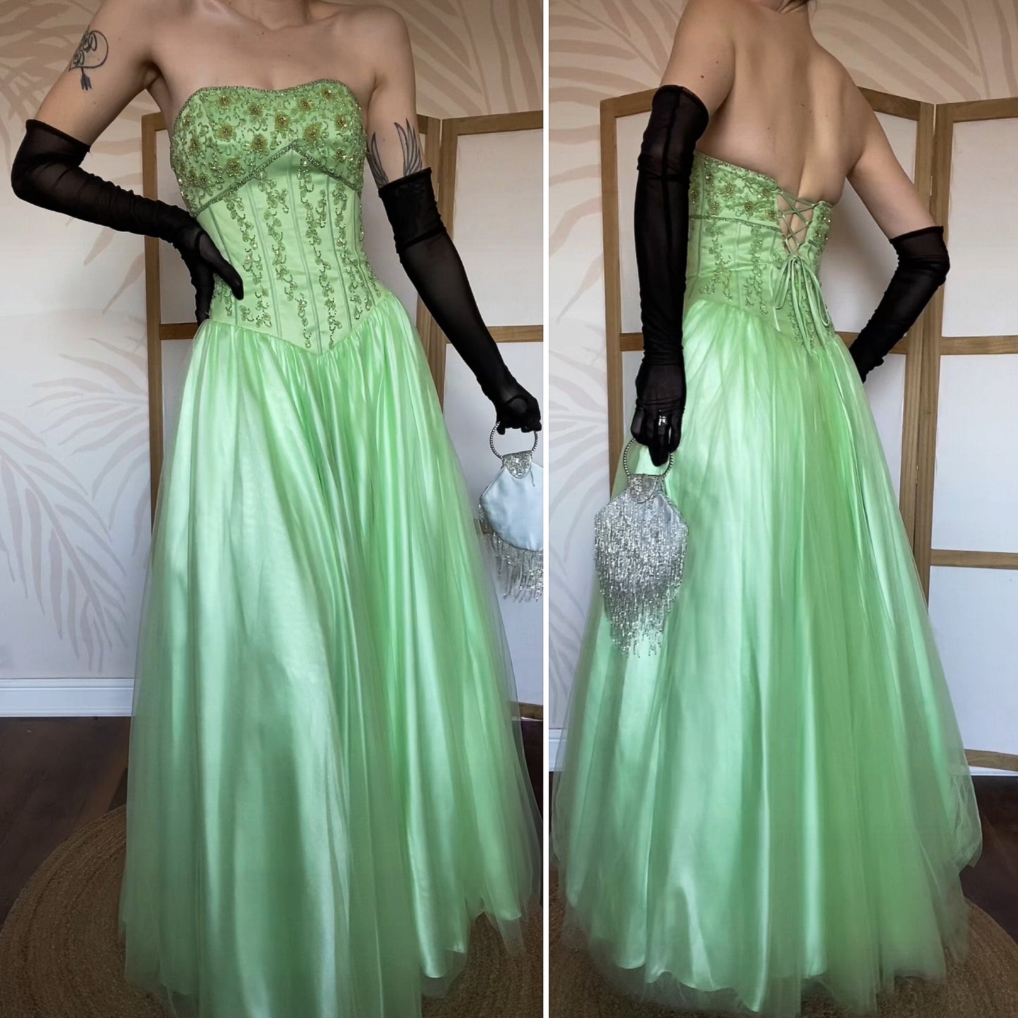 Bright green Tiffany Bling strapless a-line beaded prom dress UK 8