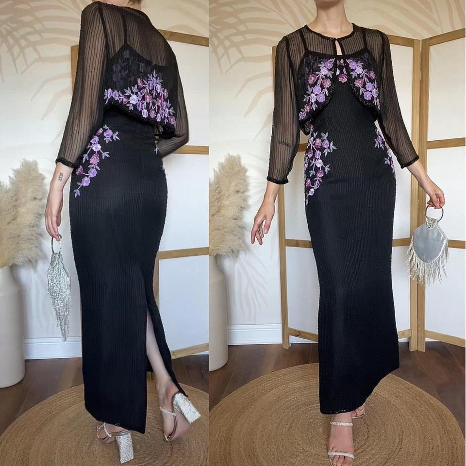 Black & purple silk beaded 2 piece uk 14