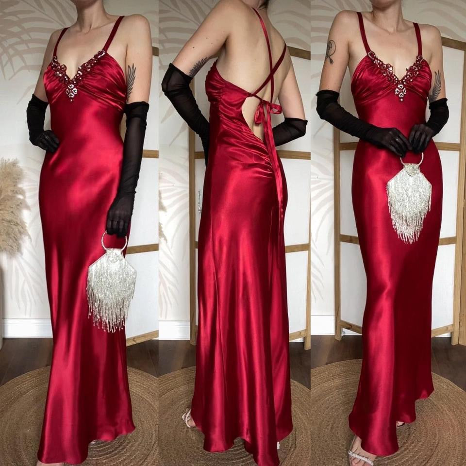 Niki Livas red satin prom dress uk 10