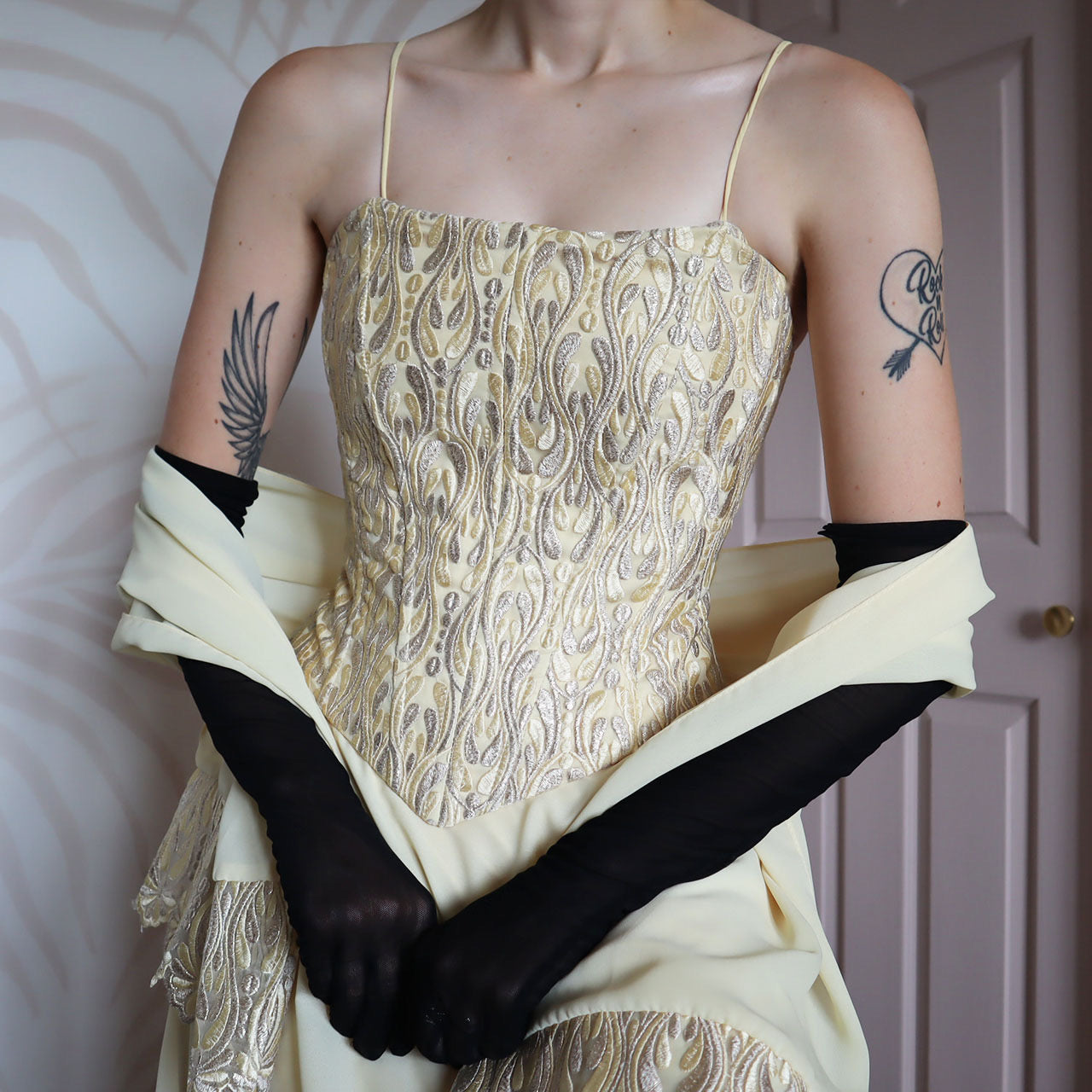 Subtle yellow YVE London evening gown & shawl UK 10