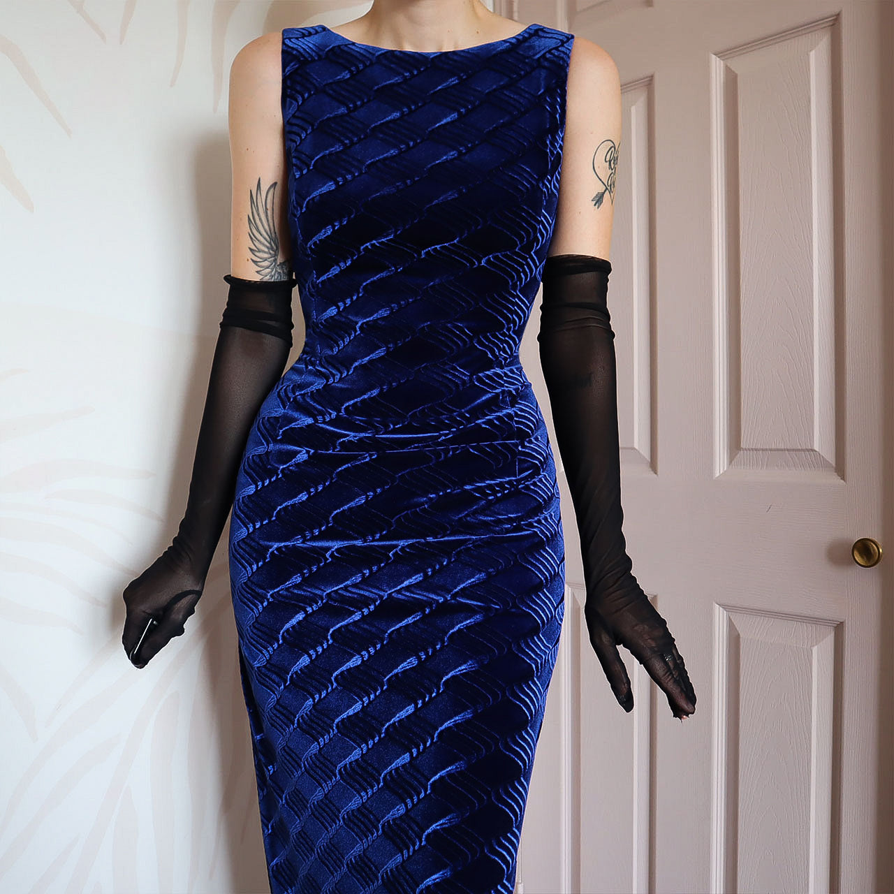 Jessica McClintock blue velvet evening dress UK 14