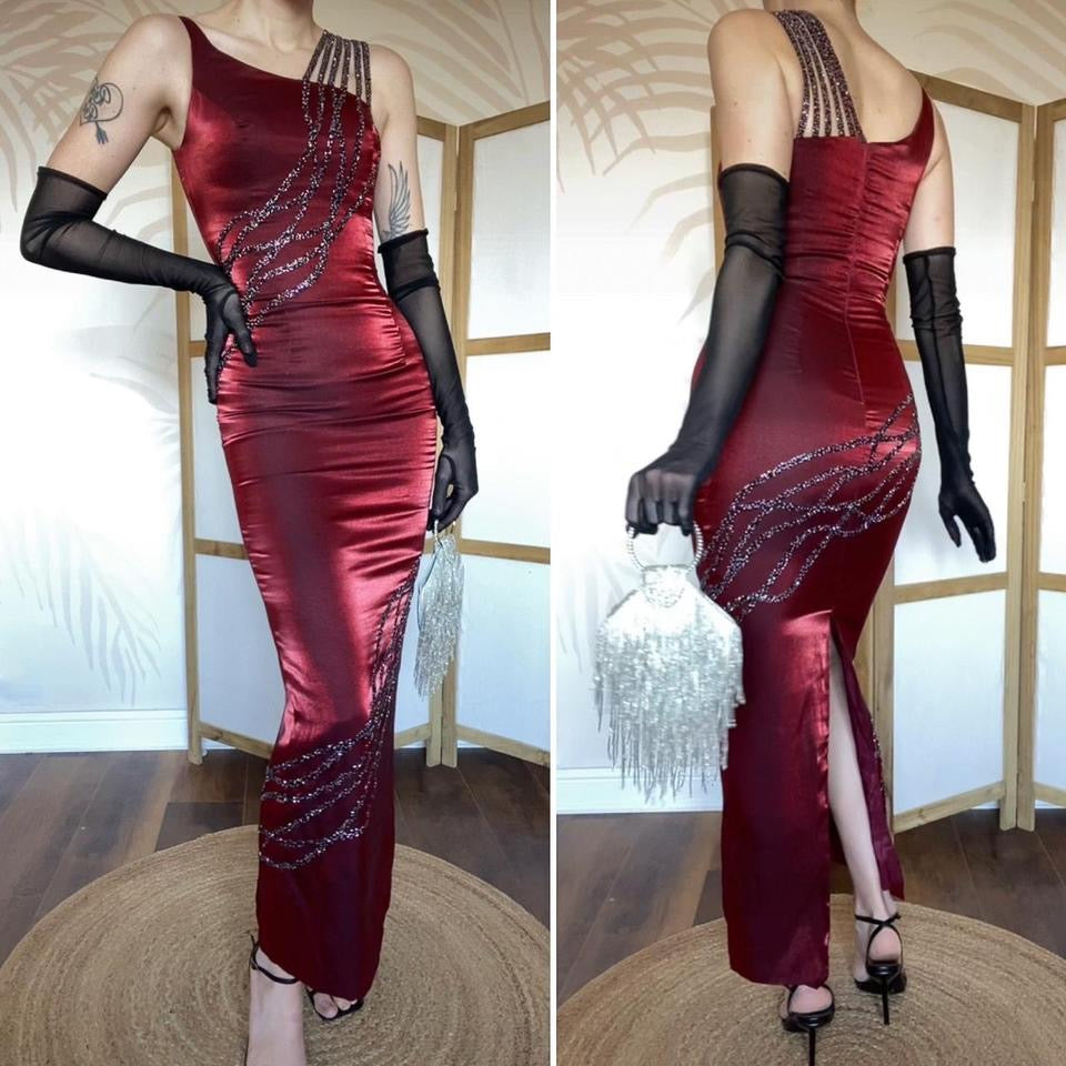 YVE London silky red beaded evening dress UK 6-8