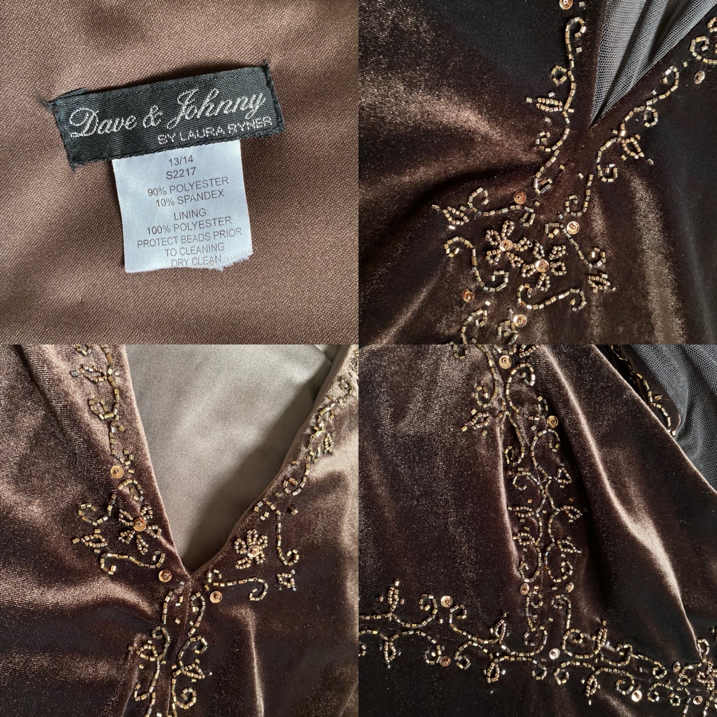 Brown velvet beaded Dave & Johnny evening gown UK 16