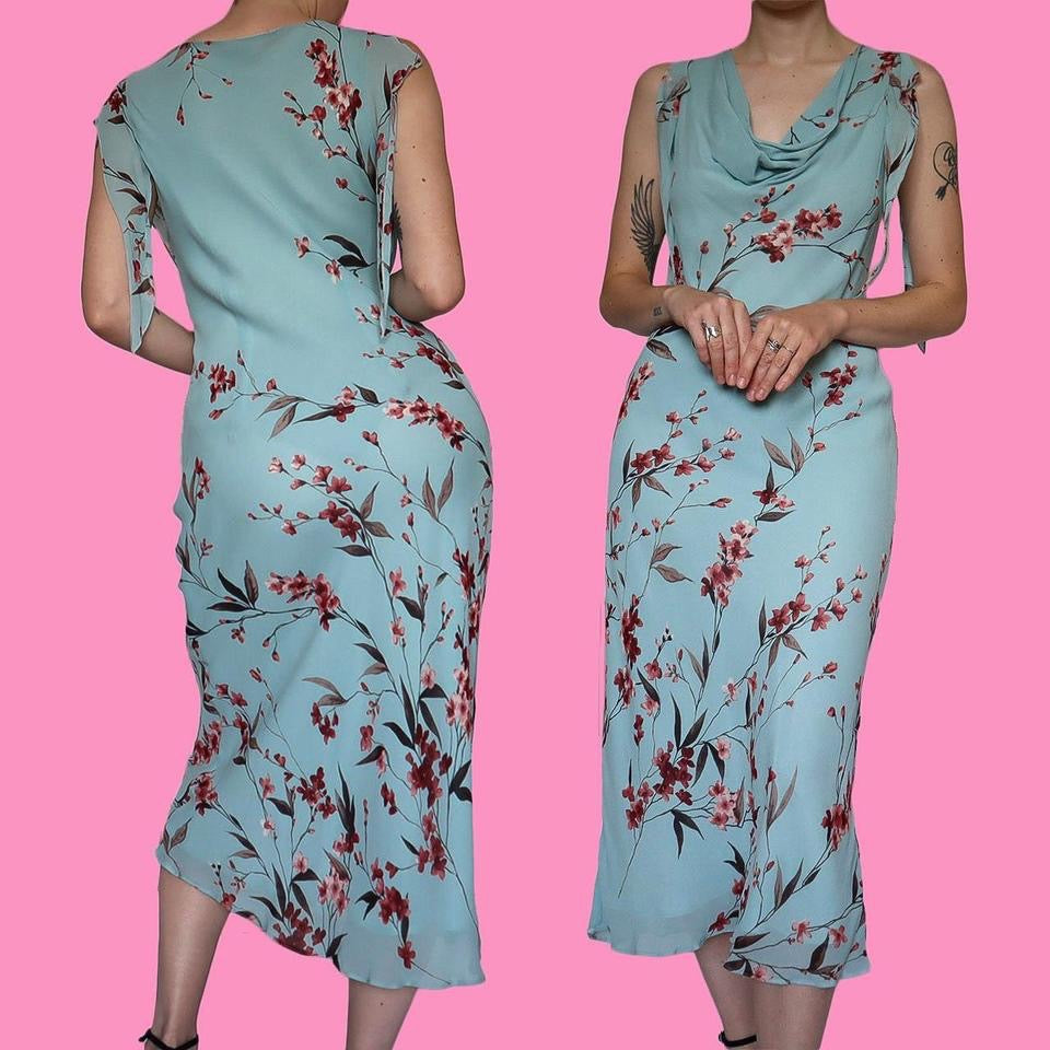 Blue floral evening slip dress size UK 12
