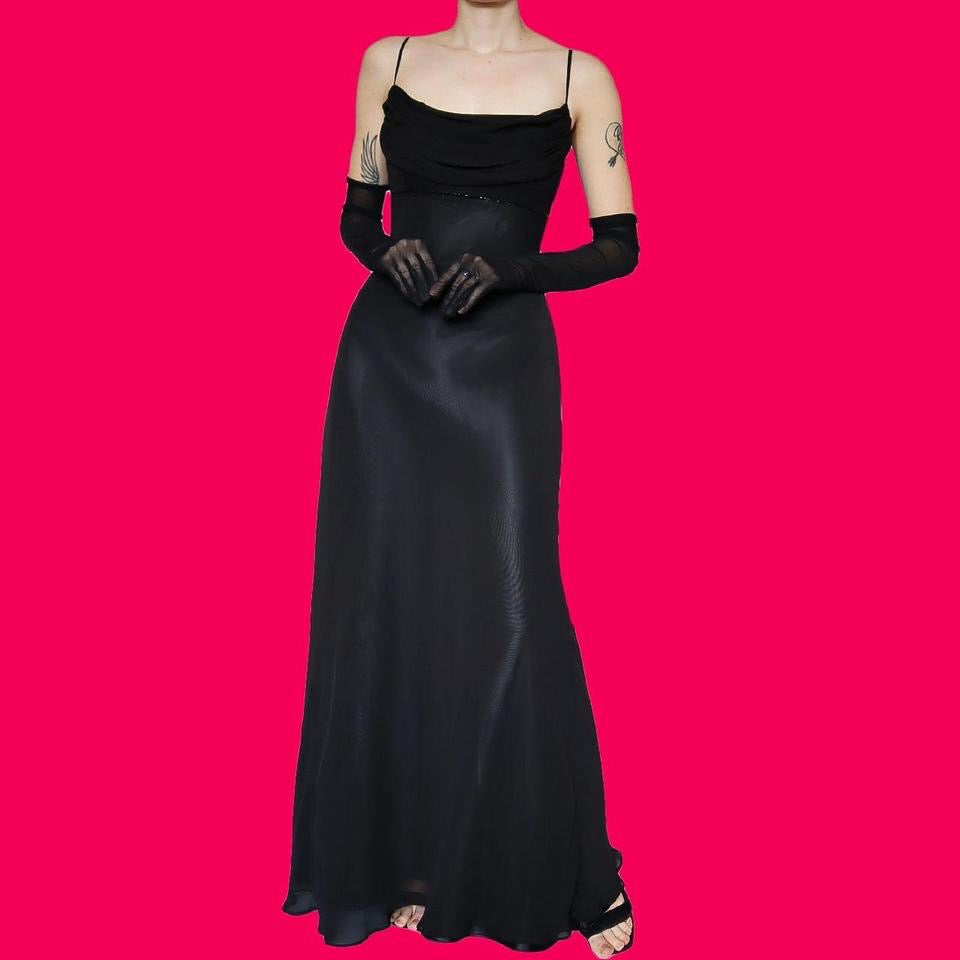 Tiffanys black chiffon evening gown UK 12 & UK 14