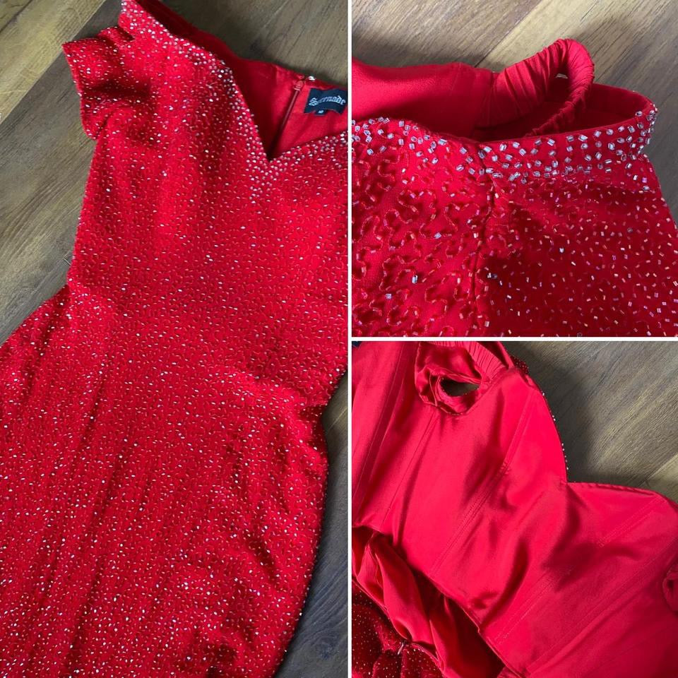 Red 100% silk beaded off the shoulder gown & shawl uk 10