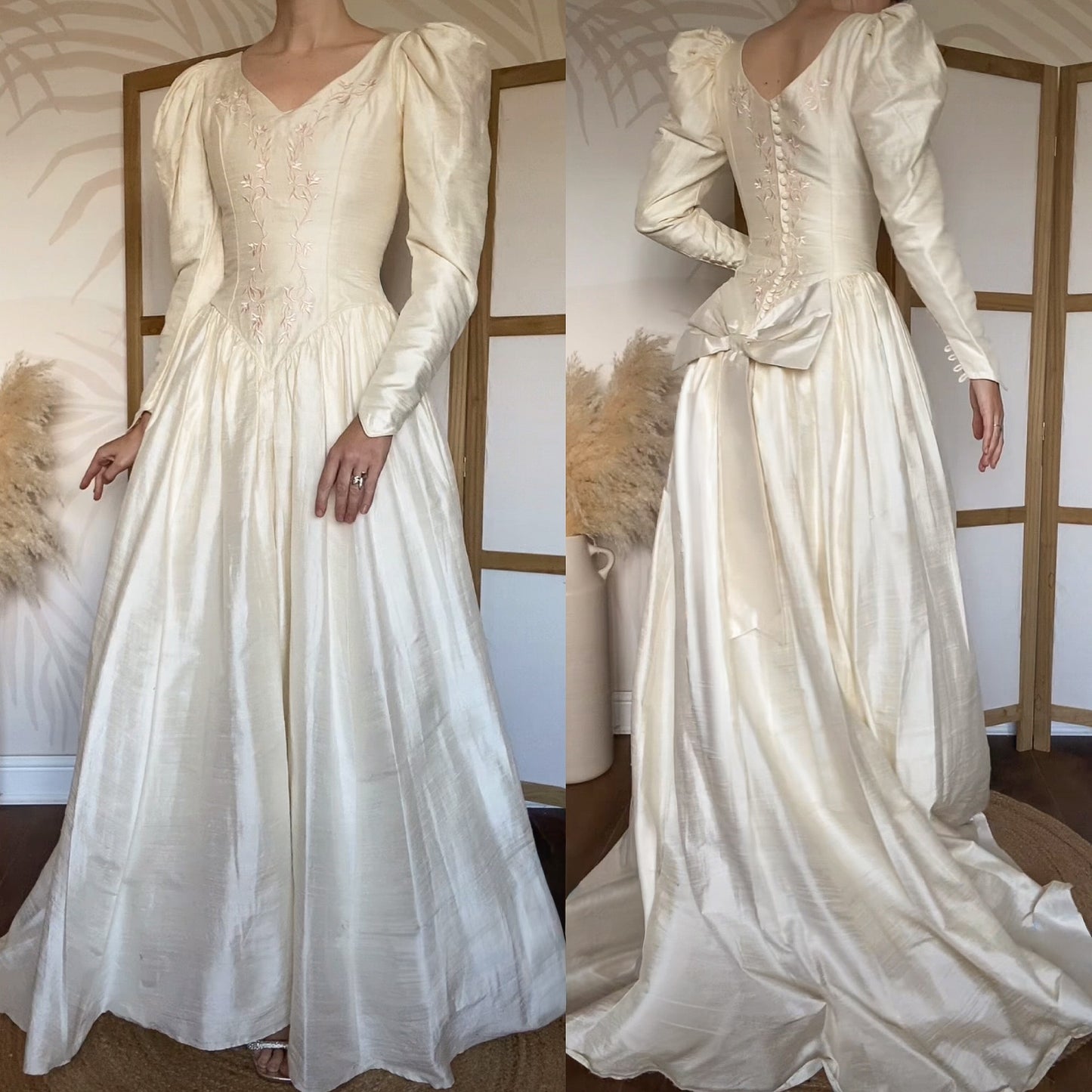 Ivory 80s 100% silk long sleeve wedding dress uk 10