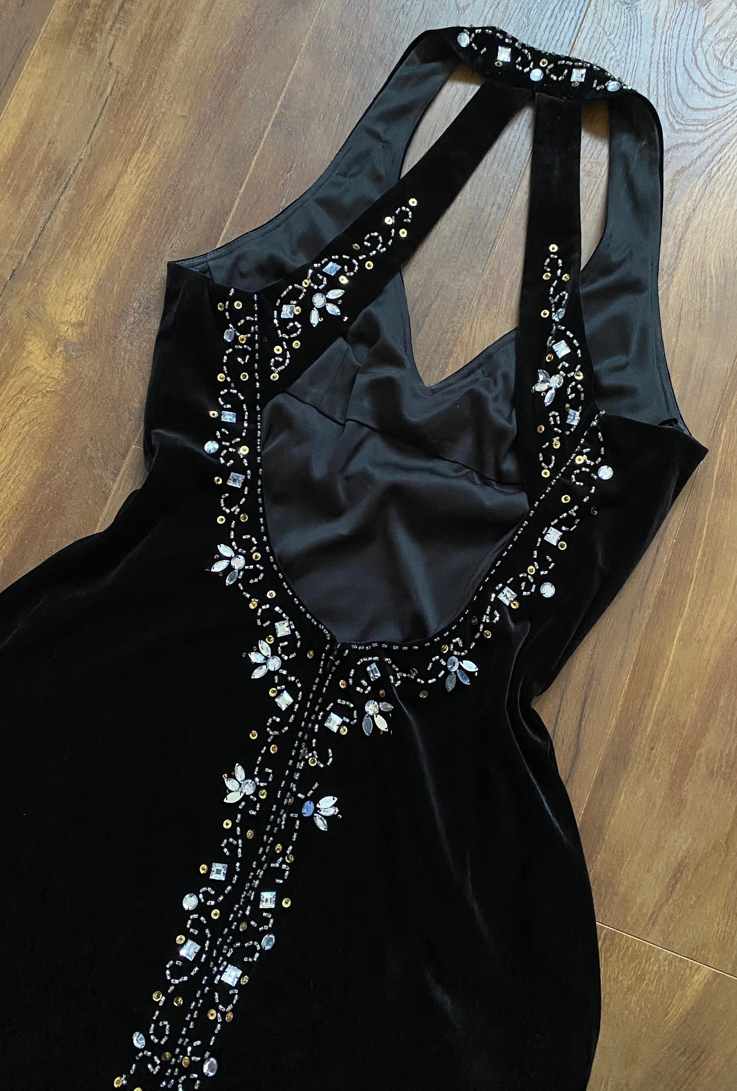 Flori Design black velvet beaded evening dress UK 14