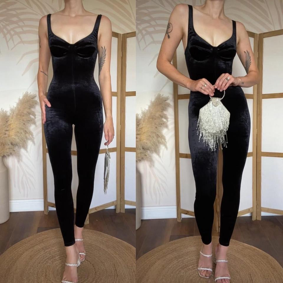 Black velvet stretch bodycon jumpsuit uk 6/8