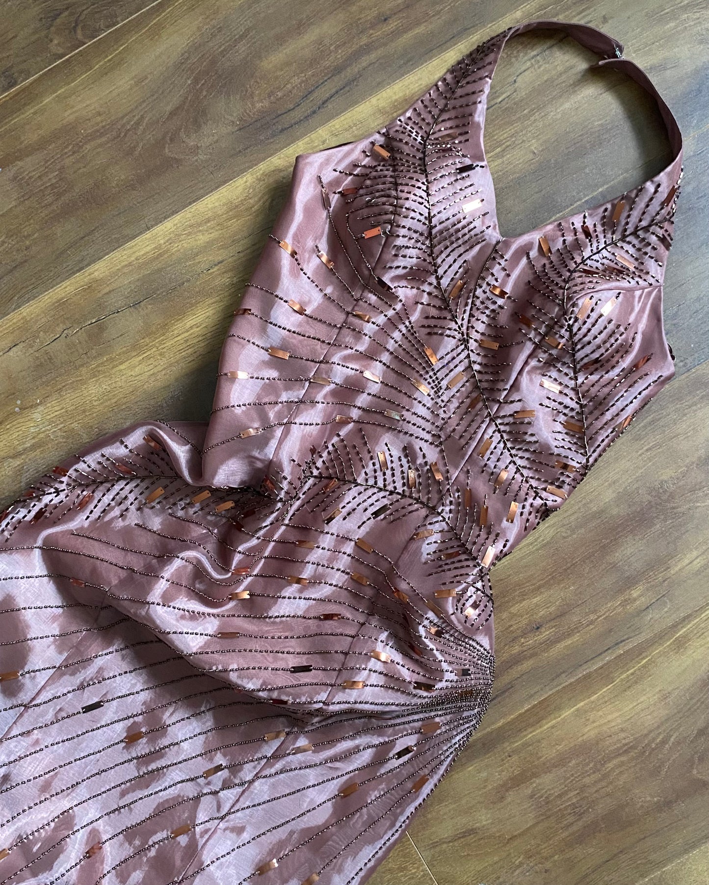 Yve London rose gold beaded halter evening dress UK 12
