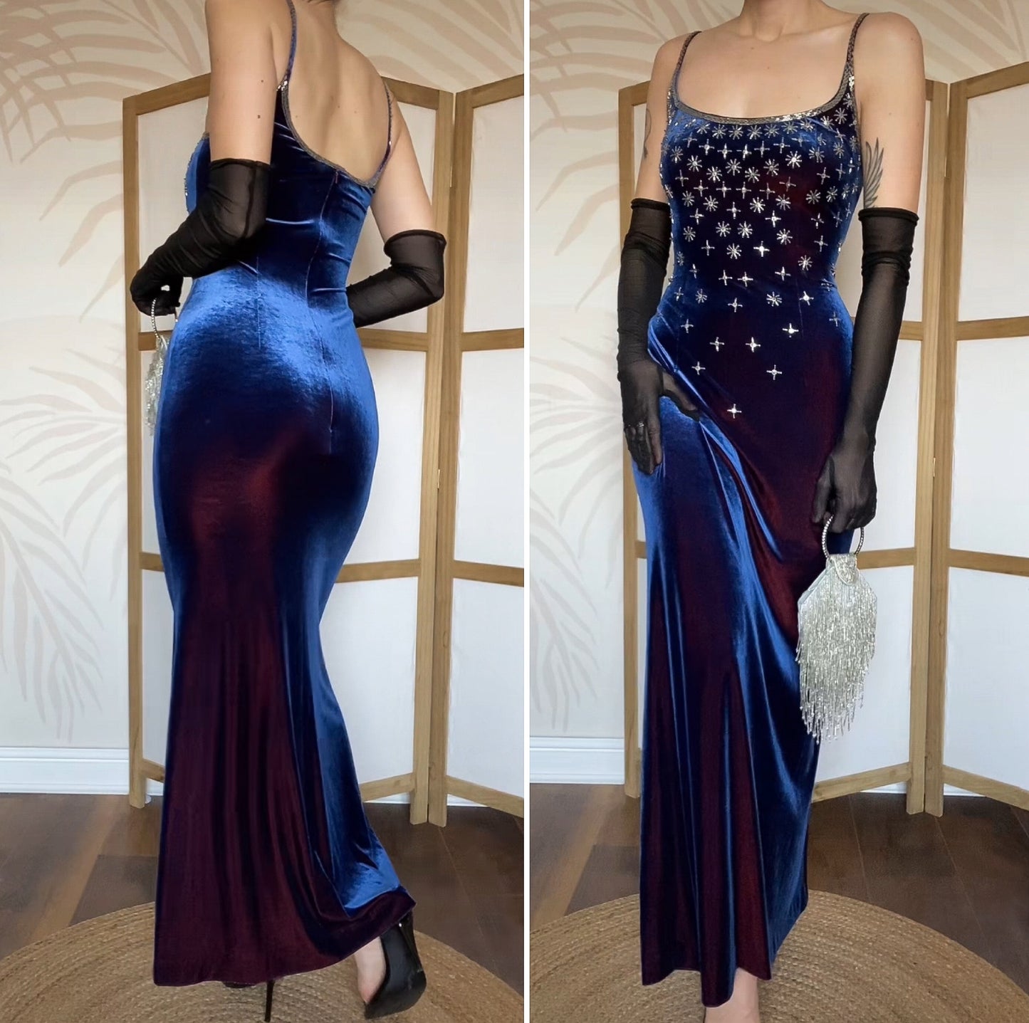 Frank Usher blue velvet stretch beaded evening dress UK 12