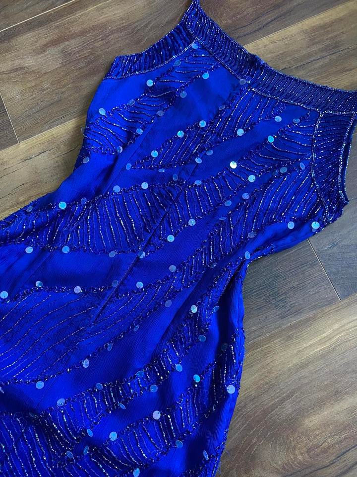 Electric blue 100% silk bead/sequin evening dress uk 8-10
